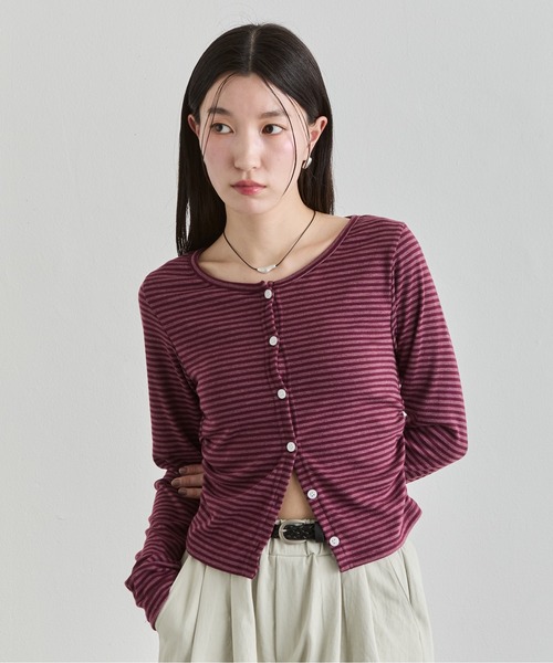 NUJOH（ヌゾ）の「Stripe Button Top / ボーダーボタンカットソートップス（Tシャツ/カットソー・レディース・ワイン/ブラック/ブラウン・FREE）」の3枚目の写真