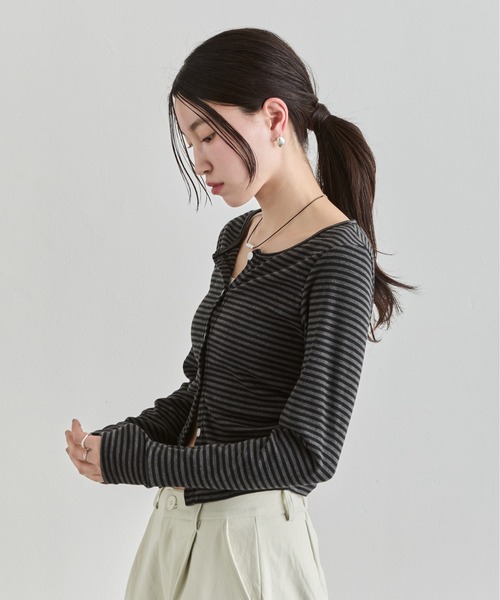 NUJOH（ヌゾ）の「Stripe Button Top / ボーダーボタンカットソートップス（Tシャツ/カットソー・レディース・ワイン/ブラック/ブラウン・FREE）」の14枚目の写真