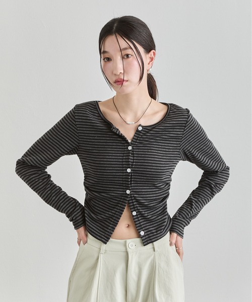 NUJOH（ヌゾ）の「Stripe Button Top / ボーダーボタンカットソートップス（Tシャツ/カットソー・レディース・ワイン/ブラック/ブラウン・FREE）」の13枚目の写真