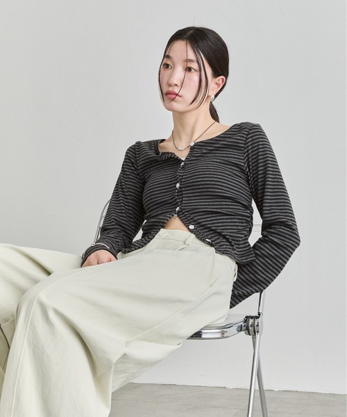 NUJOH（ヌゾ）の「Stripe Button Top / ボーダーボタンカットソートップス（Tシャツ/カットソー・レディース・ワイン/ブラック/ブラウン・FREE）」の16枚目の写真