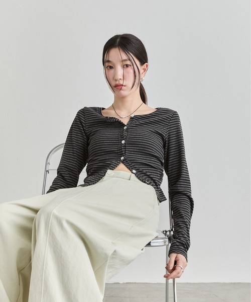 NUJOH（ヌゾ）の「Stripe Button Top / ボーダーボタンカットソートップス（Tシャツ/カットソー・レディース・ワイン/ブラック/ブラウン・FREE）」の20枚目の写真