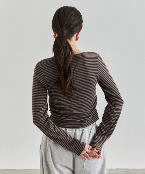 NUJOH（ヌゾ）の「Stripe Button Top / ボーダーボタンカットソートップス（Tシャツ/カットソー・レディース・ワイン/ブラック/ブラウン・FREE）」の11枚目の写真