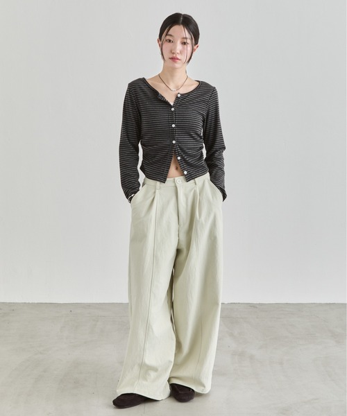NUJOH（ヌゾ）の「Stripe Button Top / ボーダーボタンカットソートップス（Tシャツ/カットソー・レディース・ワイン/ブラック/ブラウン・FREE）」の21枚目の写真
