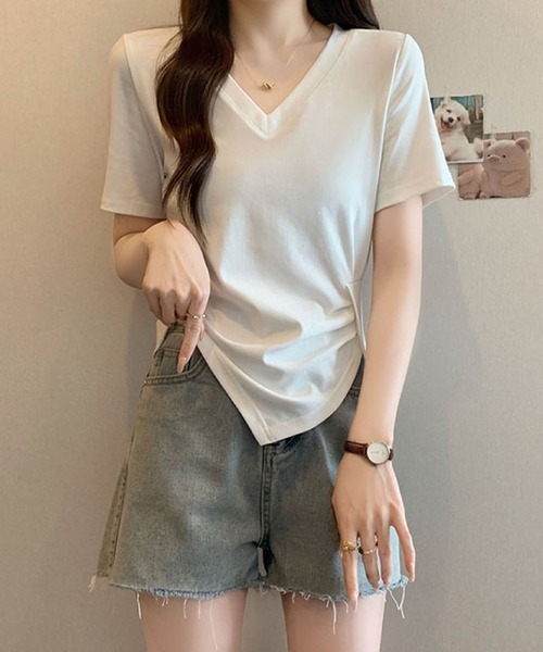2ly2(トゥーリートゥー)の「Vネック サイドドレープトップス(Tシャツ/カットソー・レディース・ブルー/ピンク/ホワイト/ブラック・FREE)」の8枚目の写真