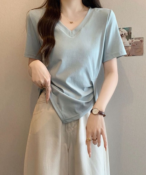 2ly2(トゥーリートゥー)の「Vネック サイドドレープトップス(Tシャツ/カットソー・レディース・ブルー/ピンク/ホワイト/ブラック・FREE)」の12枚目の写真