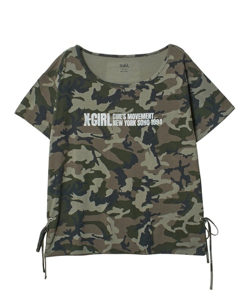 X-girl（エックスガール）の「RIBBONED HEM FADED LOGO S/S TEE（Tシャツ/カットソー・レディース・カモフラージュ/チャコール・ONE SIZE）」の6枚目の写真