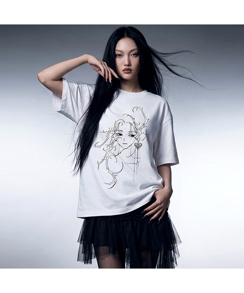 RANDOMOFF（ランダムオフ）の「[ROF x GYEOL] TRACE FACE T-SHIRT (2color)（Tシャツ/カットソー・レディース・ブラック/ホワイト・SMALL/MEDIUM/LARGE/X-LARGE）」の2枚目の写真