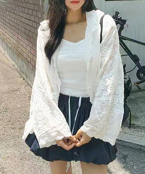 core core（コアコア）の「【冷房・UV対策にも◎】花柄刺繍レースフード付きシャツカーディガン（カーディガン/ボレロ・レディース・ホワイト/ライトベージュ・FREE）」の3枚目の写真