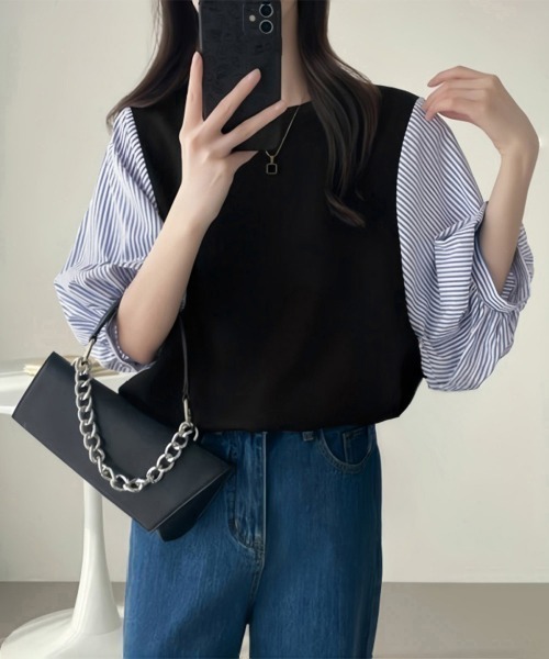 Miniministore(ミニミニストア)の「異素材切替ストライプ袖トップス体型カバー(シャツ/ブラウス・レディース・ブラック系3/ブラック系1/ブラック系2・FREE)」の1枚目の写真