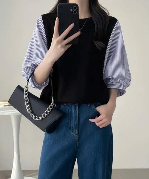 Miniministore(ミニミニストア)の「異素材切替ストライプ袖トップス体型カバー(シャツ/ブラウス・レディース・ブラック系3/ブラック系1/ブラック系2・FREE)」の4枚目の写真