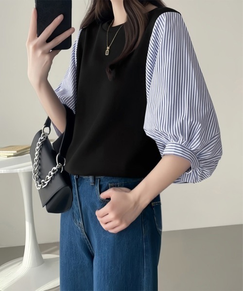 Miniministore(ミニミニストア)の「異素材切替ストライプ袖トップス体型カバー(シャツ/ブラウス・レディース・ブラック系3/ブラック系1/ブラック系2・FREE)」の8枚目の写真