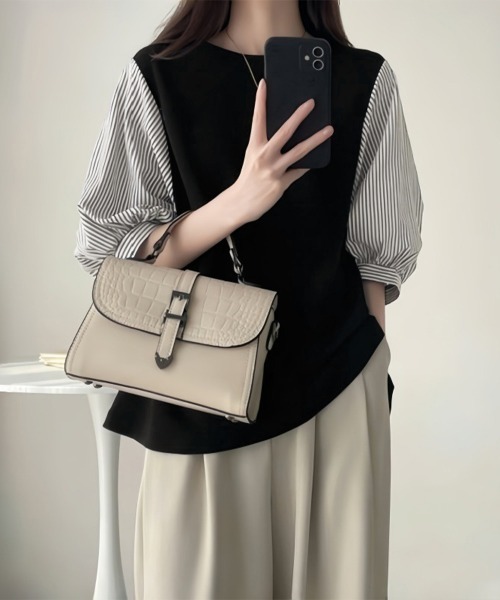 Miniministore(ミニミニストア)の「異素材切替ストライプ袖トップス体型カバー(シャツ/ブラウス・レディース・ブラック系3/ブラック系1/ブラック系2・FREE)」の9枚目の写真
