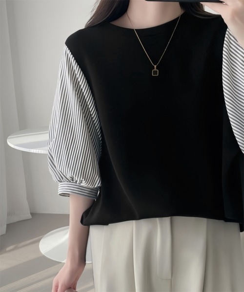 Miniministore(ミニミニストア)の「異素材切替ストライプ袖トップス体型カバー(シャツ/ブラウス・レディース・ブラック系3/ブラック系1/ブラック系2・FREE)」の10枚目の写真
