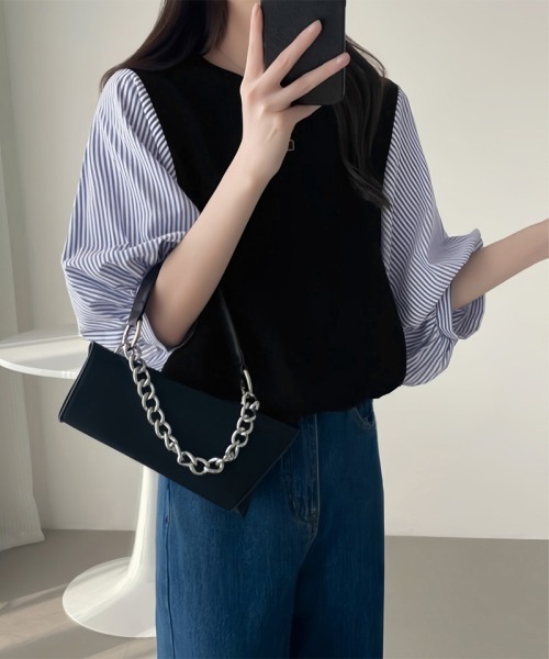 Miniministore(ミニミニストア)の「異素材切替ストライプ袖トップス体型カバー(シャツ/ブラウス・レディース・ブラック系3/ブラック系1/ブラック系2・FREE)」の20枚目の写真