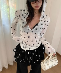 シバースター総柄シアー長袖パーカー/フード付きトップス