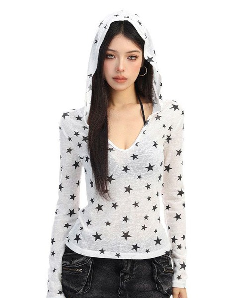 AVYL(アヴィル)の「シバースター総柄シアー長袖パーカー/フード付きトップス(Tシャツ/カットソー・レディース・ホワイト・M)」の8枚目の写真
