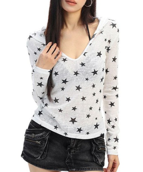AVYL(アヴィル)の「シバースター総柄シアー長袖パーカー/フード付きトップス(Tシャツ/カットソー・レディース・ホワイト・M)」の2枚目の写真