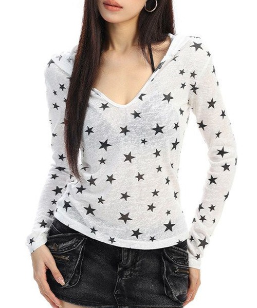 AVYL(アヴィル)の「シバースター総柄シアー長袖パーカー/フード付きトップス(Tシャツ/カットソー・レディース・ホワイト・M)」の3枚目の写真