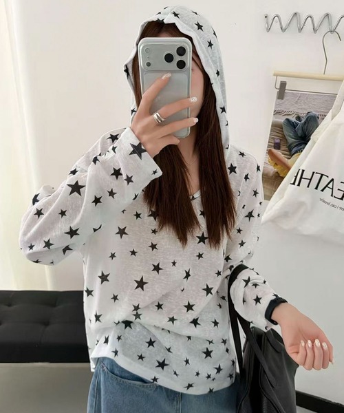 AVYL(アヴィル)の「シバースター総柄シアー長袖パーカー/フード付きトップス(Tシャツ/カットソー・レディース・ホワイト・M)」の9枚目の写真