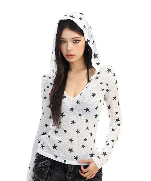 AVYL(アヴィル)の「シバースター総柄シアー長袖パーカー/フード付きトップス(Tシャツ/カットソー・レディース・ホワイト・M)」の18枚目の写真