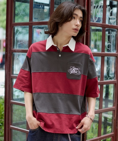 WEGO(ウィゴー)の「WEGO/【26年春夏新作】ナンバリングラガーシャツ(ポロシャツ・メンズ・ワイン/ダークグリーン・LARGE/MEDIUM)」の2枚目の写真