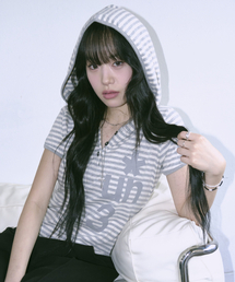 UNTITLED SEOUL | シンボルストライプヘンリーフードクロップ半袖メランジホワイト(Tシャツ/カットソー)