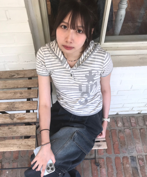 UNTITLED SEOUL(アンタイトル ソウル)の「シンボルストライプヘンリーフードクロップ半袖メランジホワイト(Tシャツ/カットソー・レディース・その他・SMALL/MEDIUM)」の9枚目の写真
