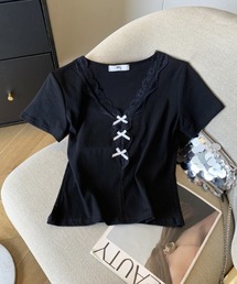 フロントリボン レーストリム Vネック スリム ショート丈 半袖Tシャツ
