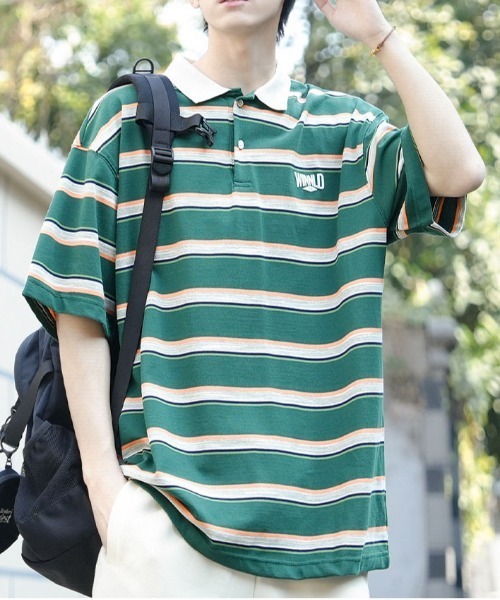 DOUBLE STEAL(ダブルスティール)の「DSマルチボーダーポロTEE(ポロシャツ・メンズ・レッド/ホワイト/グリーン・LARGE/MEDIUM/X-LARGE)」の2枚目の写真