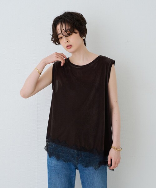 Rouge vif Anna(ルージュヴィフアンナ)の「シアーベロアノースリーブヘムレースカットソー(Tシャツ/カットソー・レディース・ブラック/ダークブラウン・フリー)」の9枚目の写真