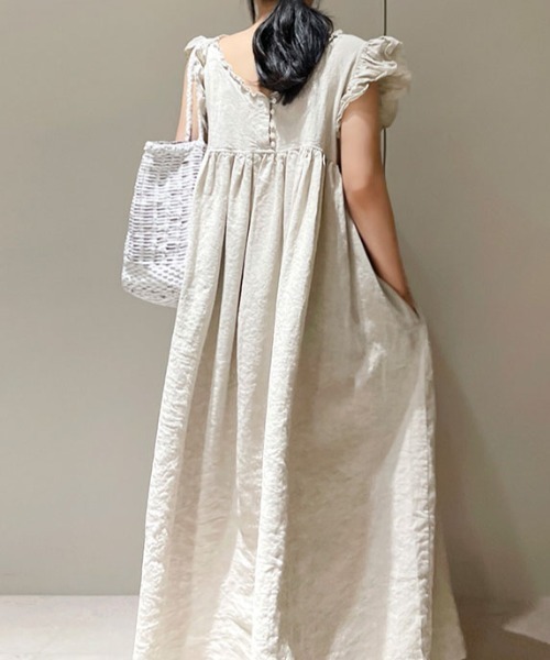 FLINEA（フリネア）の「Vネックフリル前後リバーシブルノースリーブワンピース（ワンピース・レディース・ネイビー/ベージュ・FREE）」の19枚目の写真