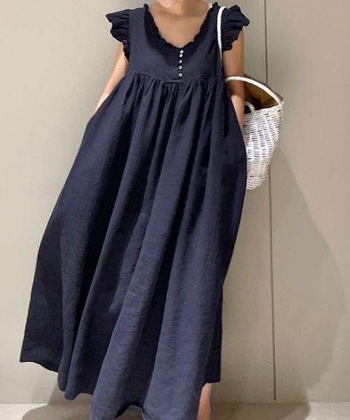 FLINEA（フリネア）の「Vネックフリル前後リバーシブルノースリーブワンピース（ワンピース・レディース・ネイビー/ベージュ・FREE）」の3枚目の写真