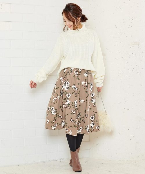 KOBE LETTUCE（コウベレタス）の「ミディ丈花柄フレアスカート＊レディース/ボトムス/ひざ下[M2266]神戸レタス（スカート・レディース・ブラック/ベージュ/ボルドー・FREE）」の9枚目の写真