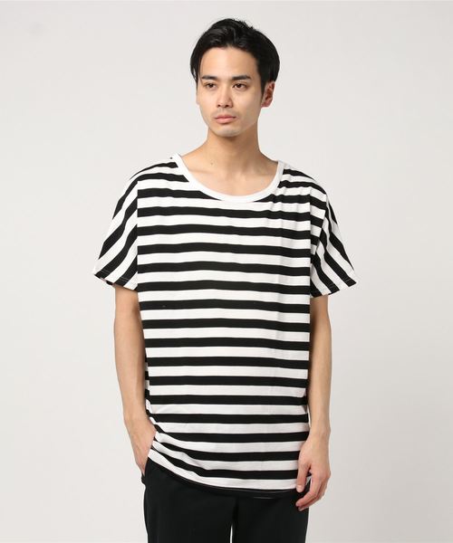 SHISKY(シスキー)の「ボーダードルマン半袖Tシャツ(Tシャツ/カットソー・メンズ・ベージュ/ホワイト×ブラック/杢グレー/ホワイト×ネイビー・M/L)」の2枚目の写真