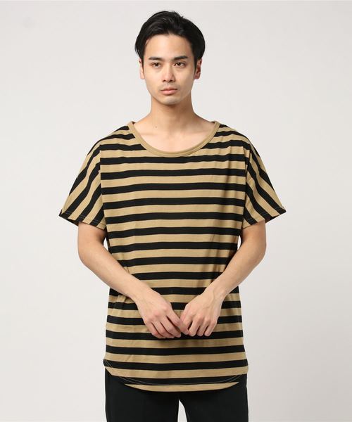 SHISKY(シスキー)の「ボーダードルマン半袖Tシャツ(Tシャツ/カットソー・メンズ・ベージュ/ホワイト×ブラック/杢グレー/ホワイト×ネイビー・M/L)」の1枚目の写真