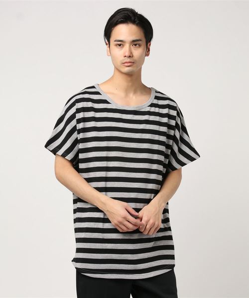 SHISKY(シスキー)の「ボーダードルマン半袖Tシャツ(Tシャツ/カットソー・メンズ・ベージュ/ホワイト×ブラック/杢グレー/ホワイト×ネイビー・M/L)」の4枚目の写真