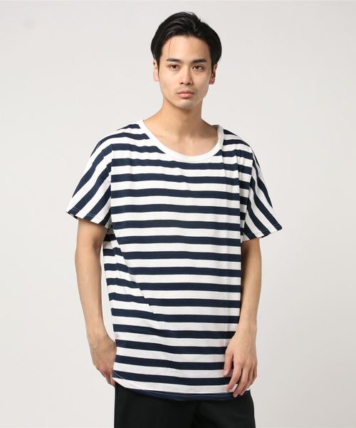 SHISKY(シスキー)の「ボーダードルマン半袖Tシャツ(Tシャツ/カットソー・メンズ・ベージュ/ホワイト×ブラック/杢グレー/ホワイト×ネイビー・M/L)」の3枚目の写真