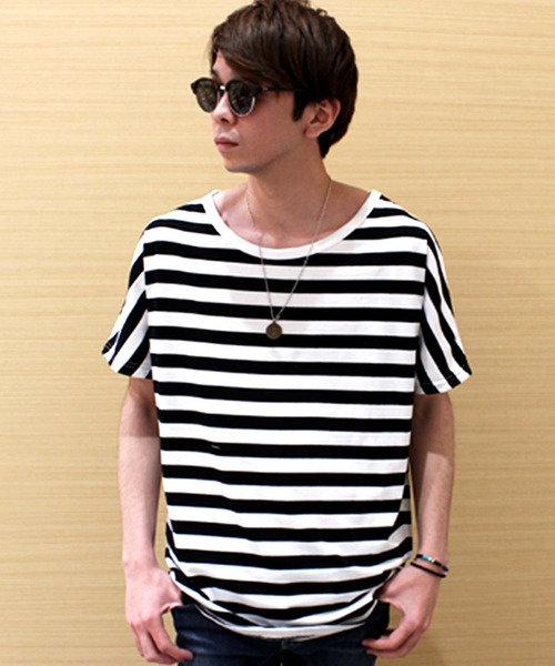SHISKY(シスキー)の「ボーダードルマン半袖Tシャツ(Tシャツ/カットソー・メンズ・ベージュ/ホワイト×ブラック/杢グレー/ホワイト×ネイビー・M/L)」の13枚目の写真