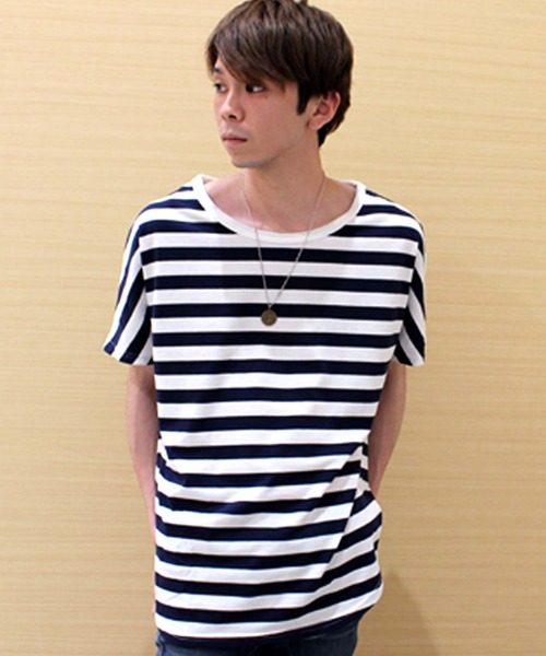 SHISKY(シスキー)の「ボーダードルマン半袖Tシャツ(Tシャツ/カットソー・メンズ・ベージュ/ホワイト×ブラック/杢グレー/ホワイト×ネイビー・M/L)」の8枚目の写真