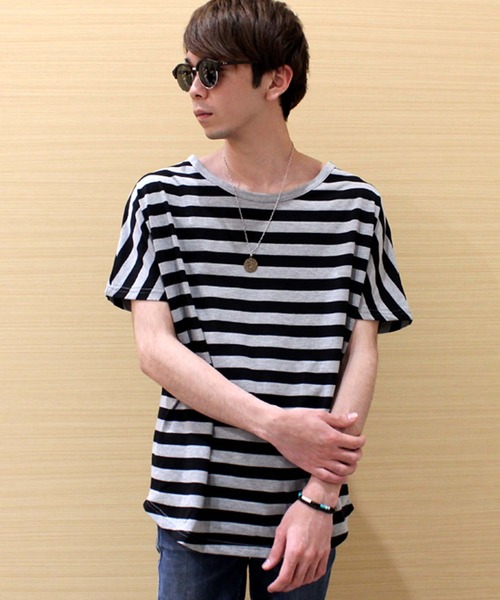 SHISKY(シスキー)の「ボーダードルマン半袖Tシャツ(Tシャツ/カットソー・メンズ・ベージュ/ホワイト×ブラック/杢グレー/ホワイト×ネイビー・M/L)」の9枚目の写真