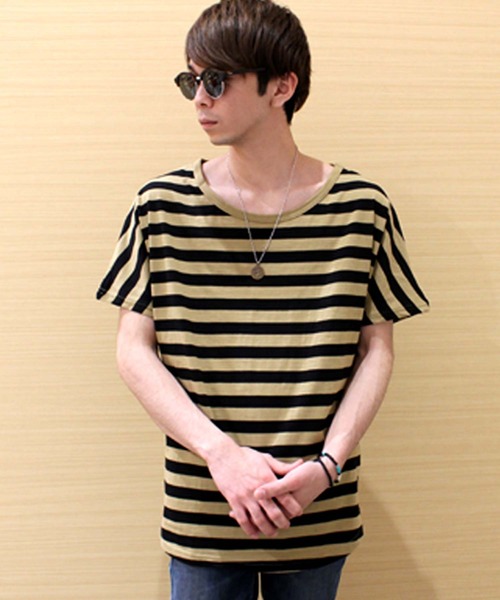 SHISKY(シスキー)の「ボーダードルマン半袖Tシャツ(Tシャツ/カットソー・メンズ・ベージュ/ホワイト×ブラック/杢グレー/ホワイト×ネイビー・M/L)」の10枚目の写真