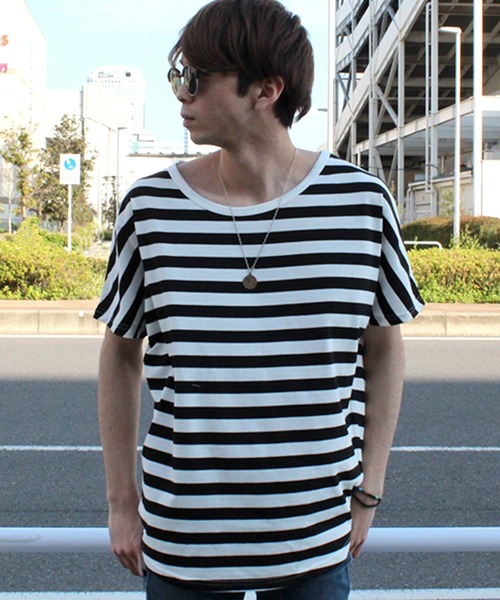 SHISKY(シスキー)の「ボーダードルマン半袖Tシャツ(Tシャツ/カットソー・メンズ・ベージュ/ホワイト×ブラック/杢グレー/ホワイト×ネイビー・M/L)」の12枚目の写真
