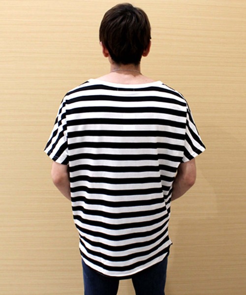 SHISKY(シスキー)の「ボーダードルマン半袖Tシャツ(Tシャツ/カットソー・メンズ・ベージュ/ホワイト×ブラック/杢グレー/ホワイト×ネイビー・M/L)」の14枚目の写真