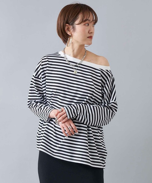 DouDou（ドゥドゥ）の「ボートネックボーダーT（Tシャツ/カットソー・レディース・ブラック/カーキ/ネイビー・FREE）」の2枚目の写真