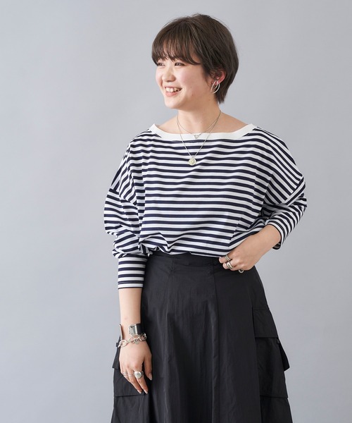 DouDou（ドゥドゥ）の「ボートネックボーダーT（Tシャツ/カットソー・レディース・ブラック/カーキ/ネイビー・FREE）」の4枚目の写真