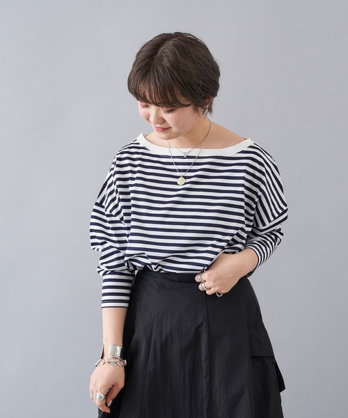 DouDou（ドゥドゥ）の「ボートネックボーダーT（Tシャツ/カットソー・レディース・ブラック/カーキ/ネイビー・FREE）」の5枚目の写真