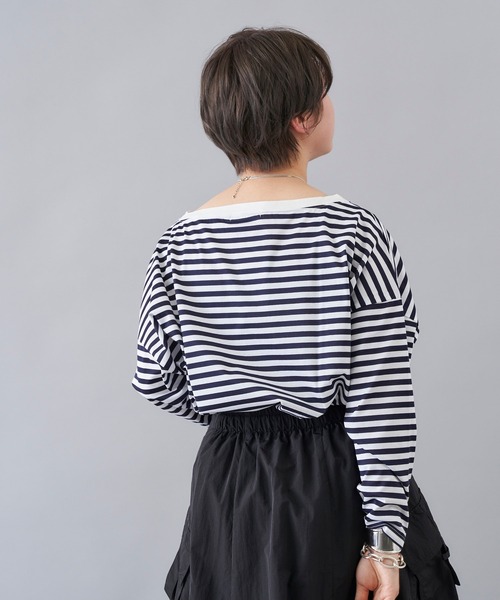 DouDou（ドゥドゥ）の「ボートネックボーダーT（Tシャツ/カットソー・レディース・ブラック/カーキ/ネイビー・FREE）」の6枚目の写真
