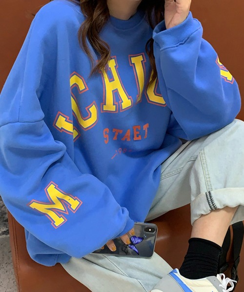 DEVICE（デバイス）の「ボリュームスリーブ ビッグシルエット レター プリント スウェット トレーナー（スウェット・レディース・ブラック/ブルー・FREE）」の2枚目の写真