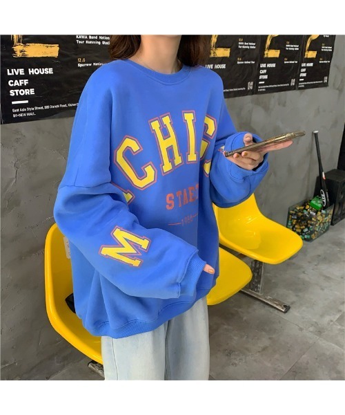 DEVICE（デバイス）の「ボリュームスリーブ ビッグシルエット レター プリント スウェット トレーナー（スウェット・レディース・ブラック/ブルー・FREE）」の7枚目の写真