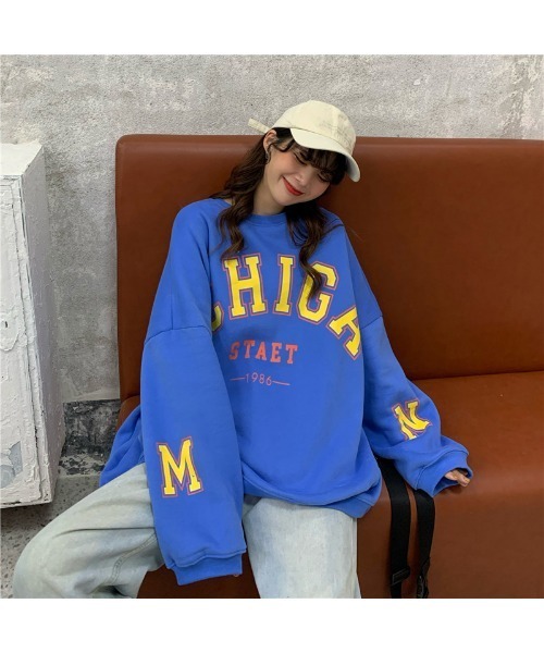 DEVICE（デバイス）の「ボリュームスリーブ ビッグシルエット レター プリント スウェット トレーナー（スウェット・レディース・ブラック/ブルー・FREE）」の4枚目の写真